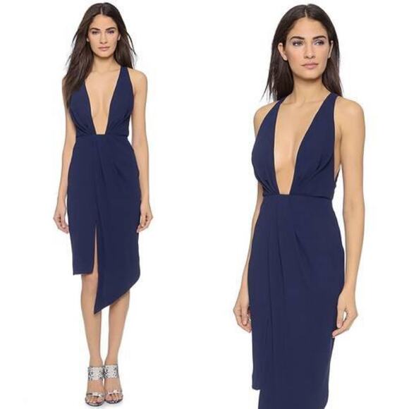 NICHOLAS  Navy Crepe Deep V Gathered Sleeveless Dress Size 8 Formal Cocktail - Picture 1 of 16